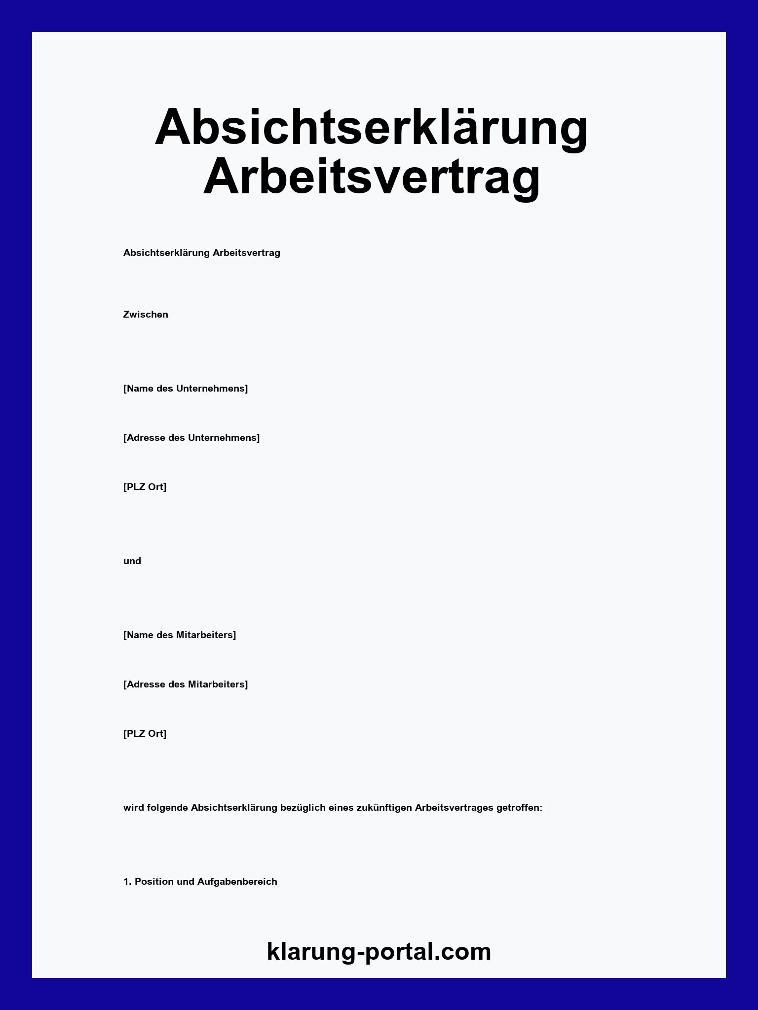 Absichtserklärung Arbeitsvertrag Vorlage
