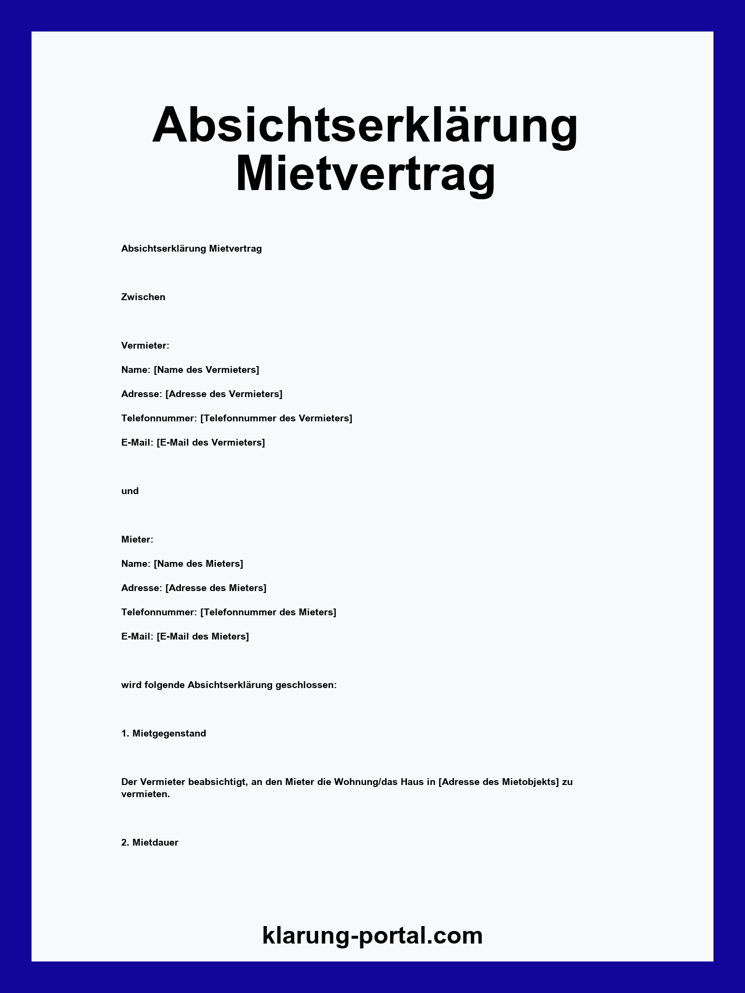 Absichtserklärung Mietvertrag