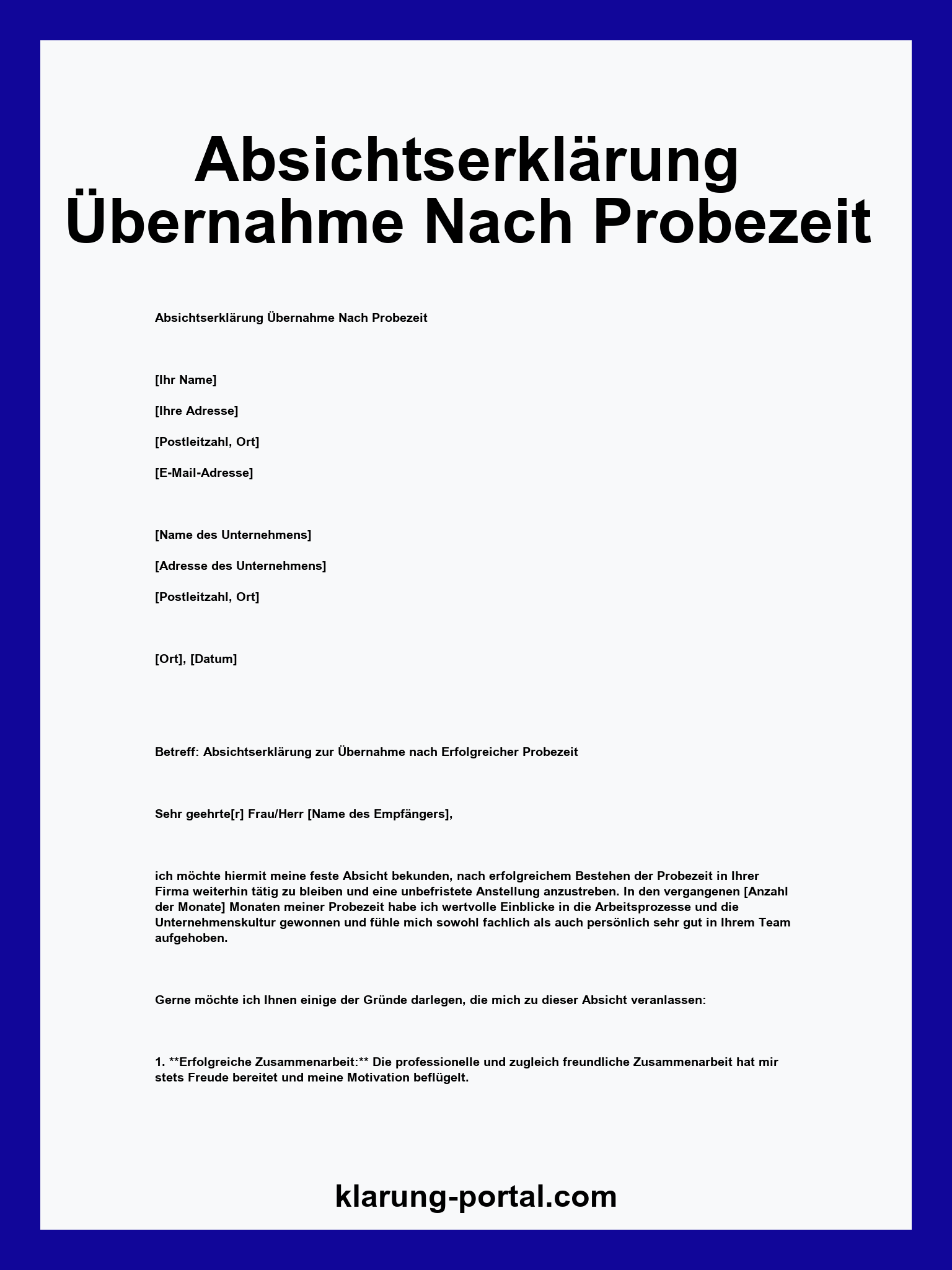 Absichtserklärung Übernahme Nach Probezeit
