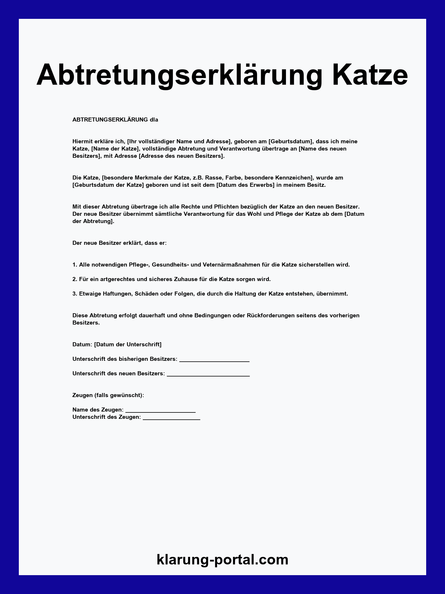 Abtretungserklärung Katze Vorlage