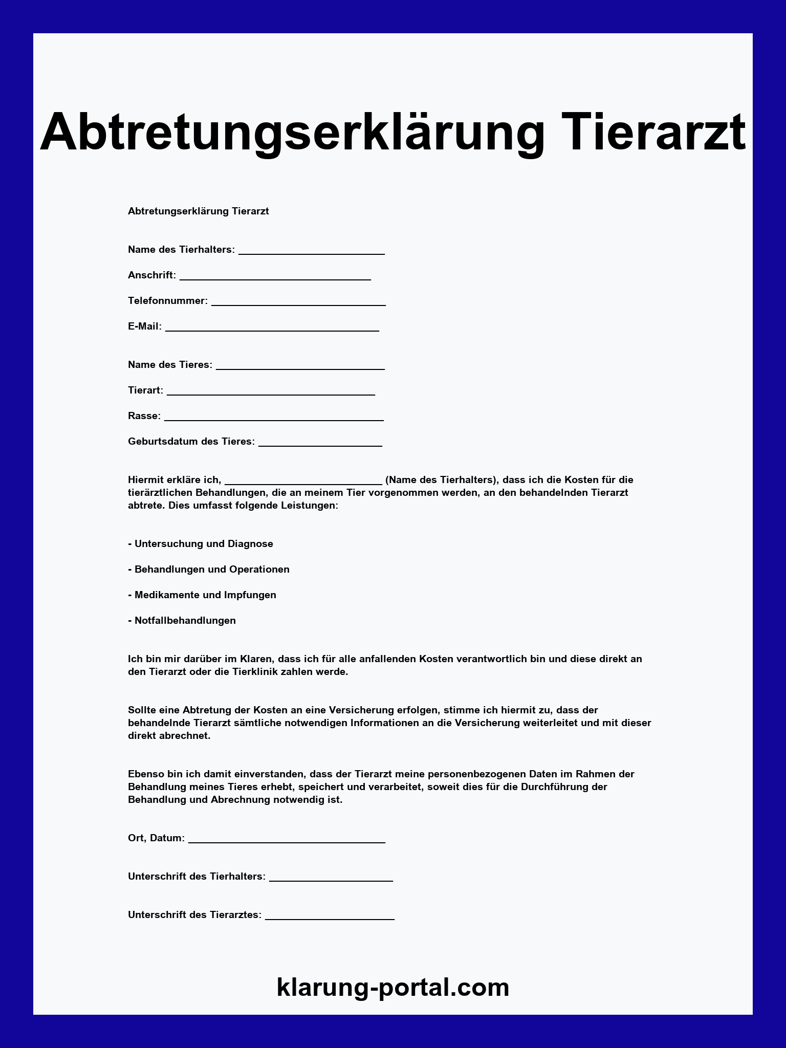 Abtretungserklärung Tierarzt Muster