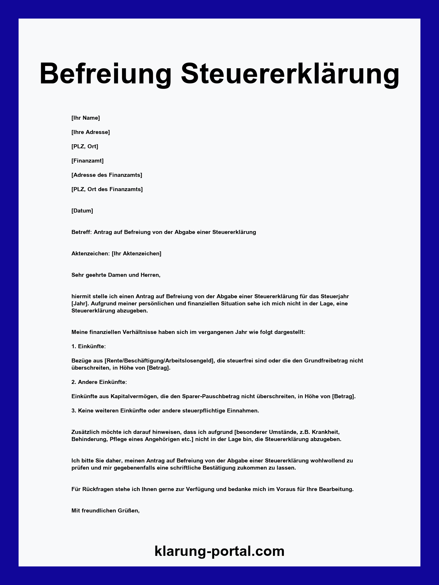 Musterbrief Befreiung Steuererklärung