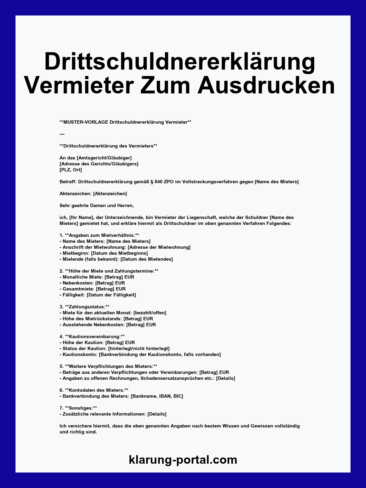 Drittschuldnererklärung Vermieter Formular Zum Ausdrucken