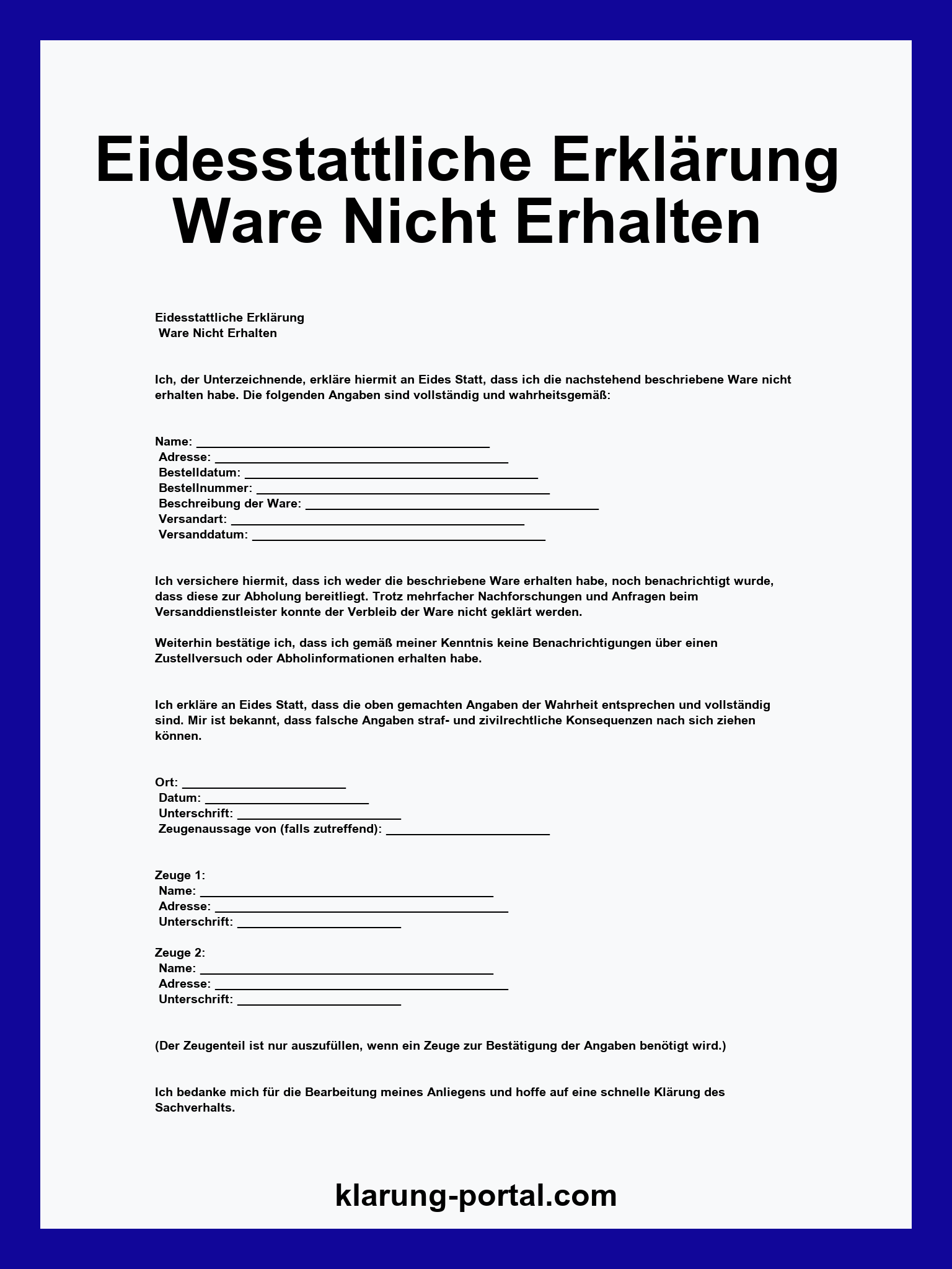 Eidesstattliche Erklärung Ware Nicht Erhalten Vorlage