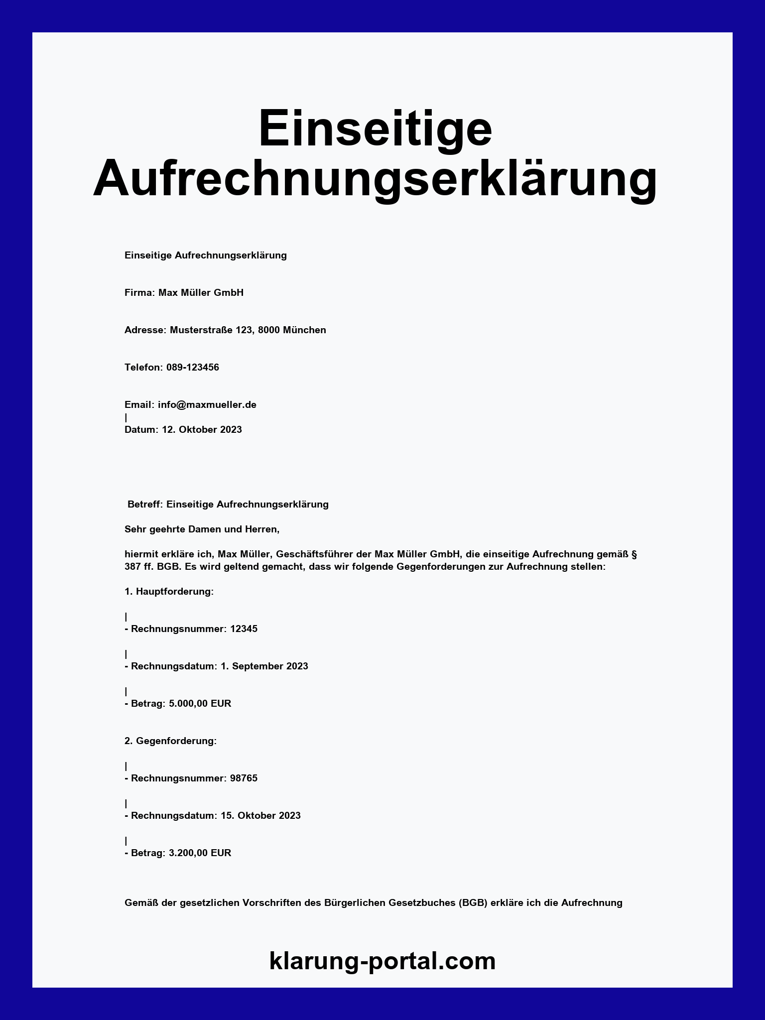 Einseitige Aufrechnungserklärung Muster