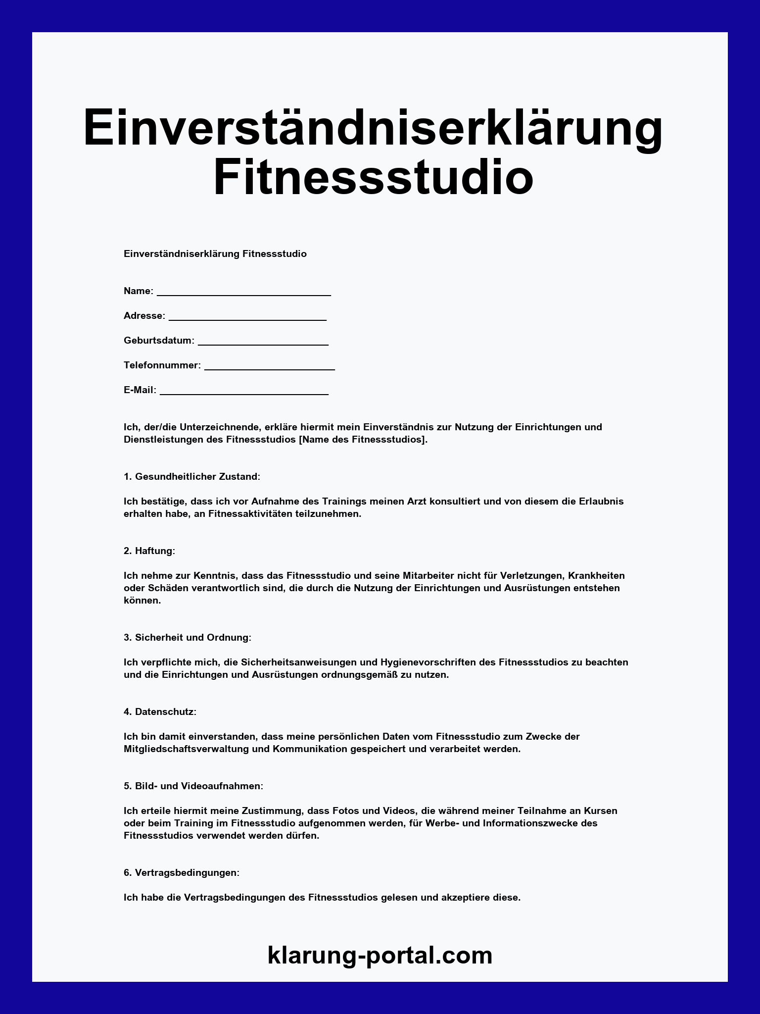 Einverständniserklärung Fitnessstudio PDF