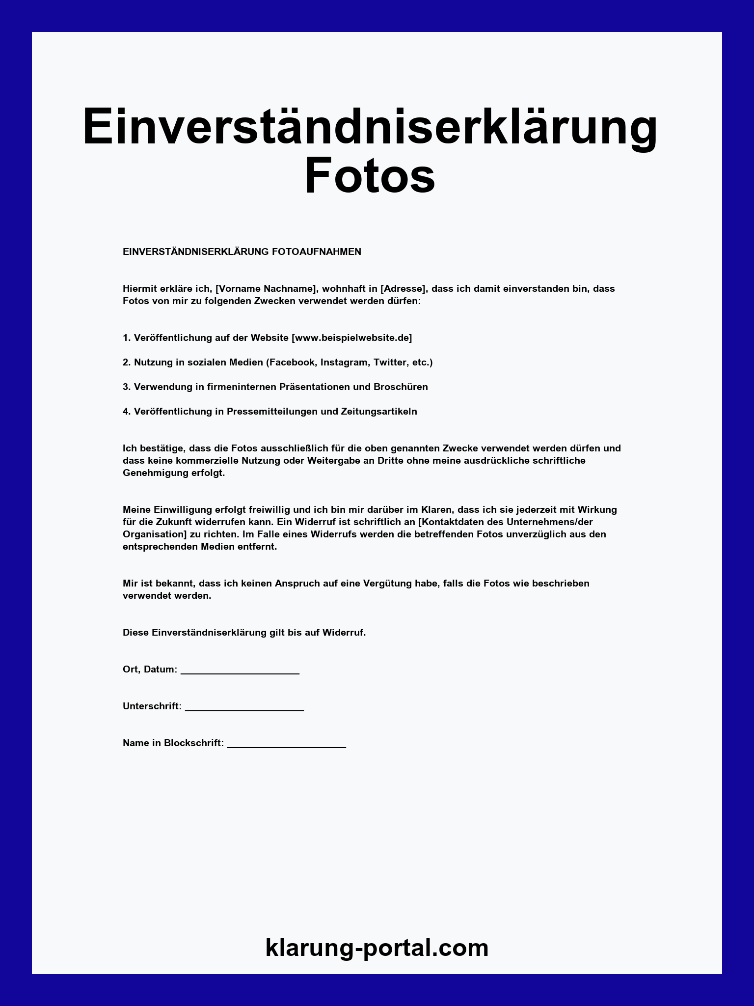 Einverständniserklärung Fotos Vorlage WORD