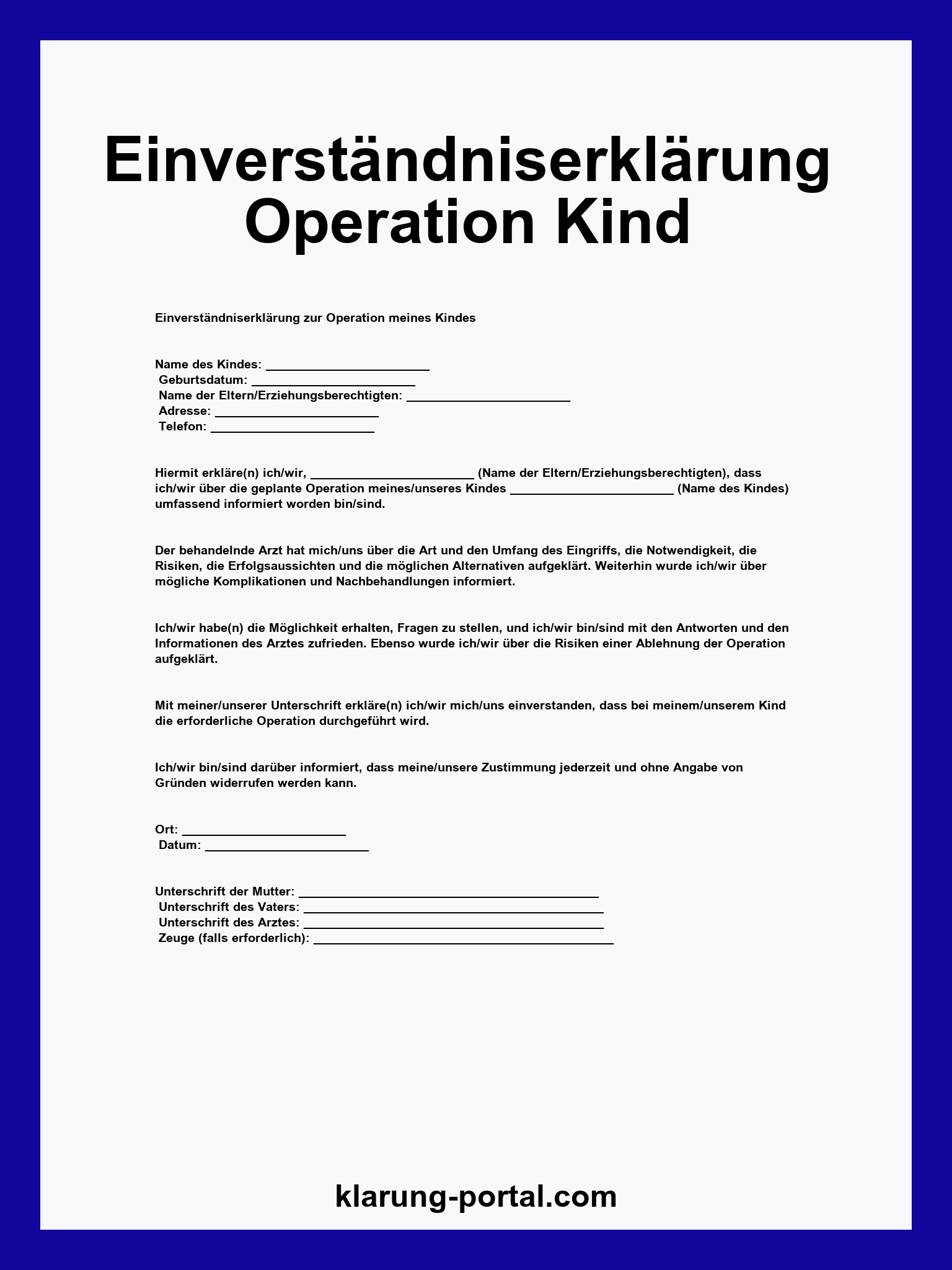 Einverständniserklärung Operation Kind Vorlage