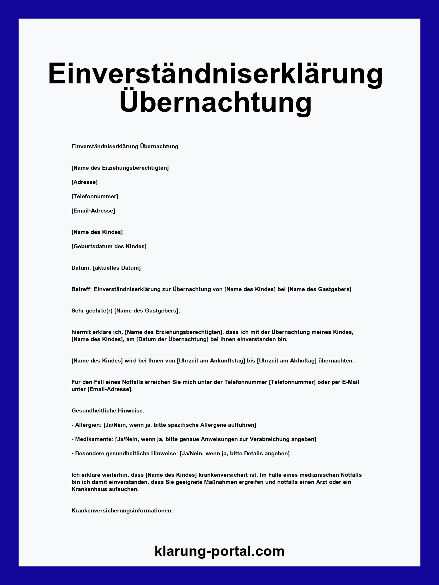Einverständniserklärung Übernachtung Muster