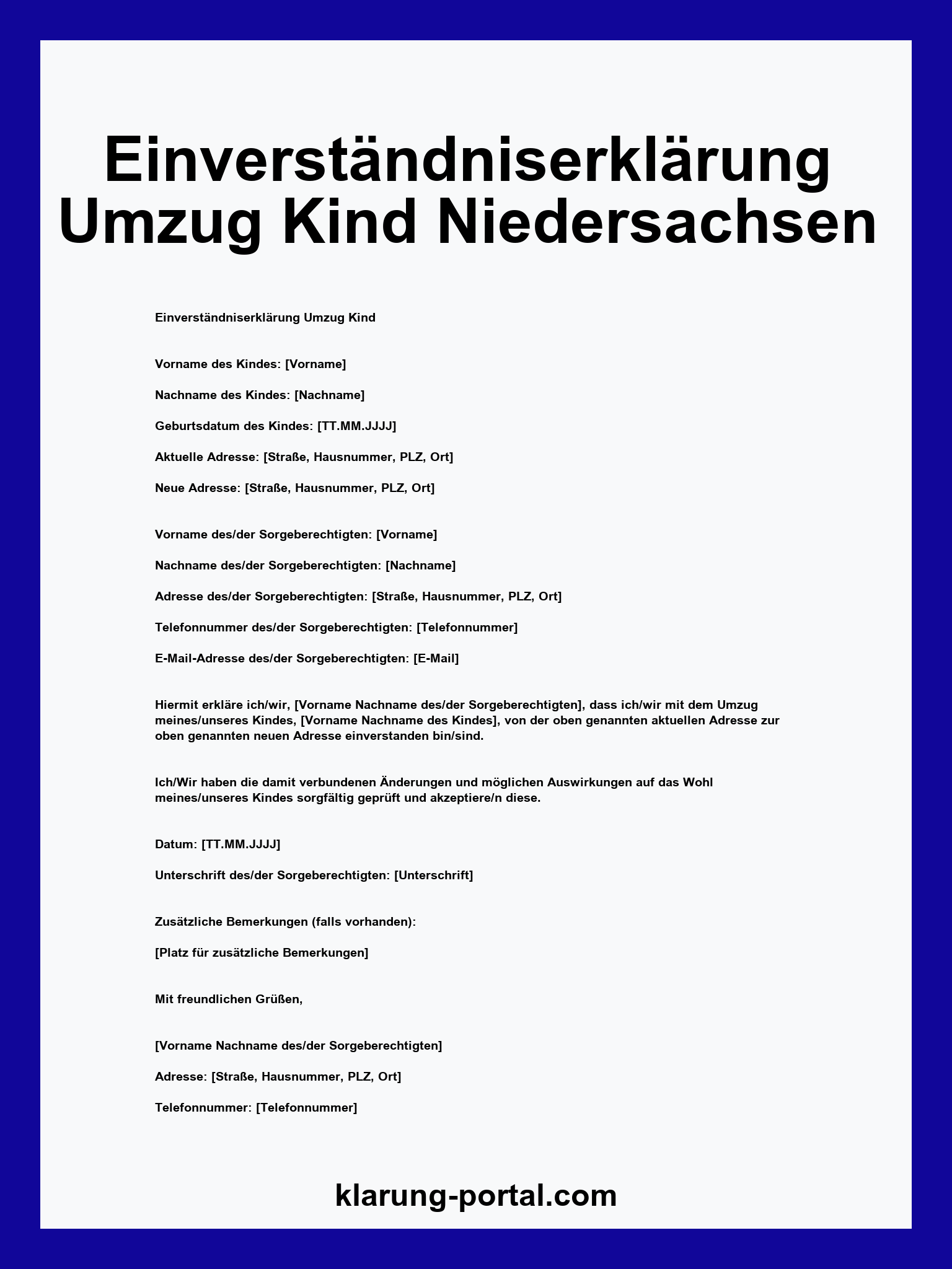Einverständniserklärung Umzug Kind Vordruck Niedersachsen