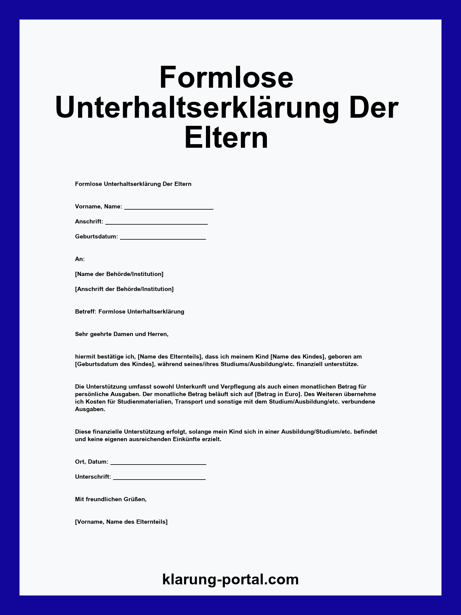 Formlose Unterhaltserklärung Der Eltern Muster