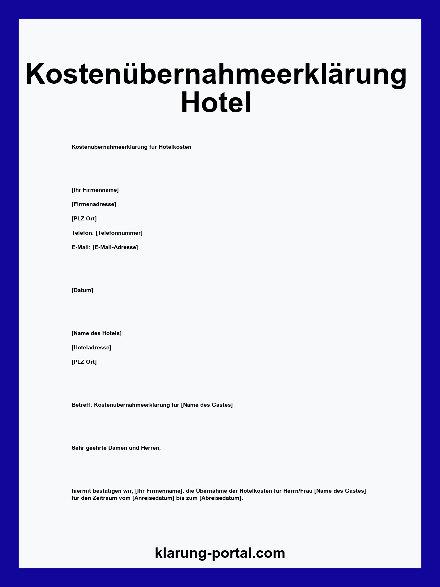 Kostenübernahmeerklärung Hotel Vorlage WORD