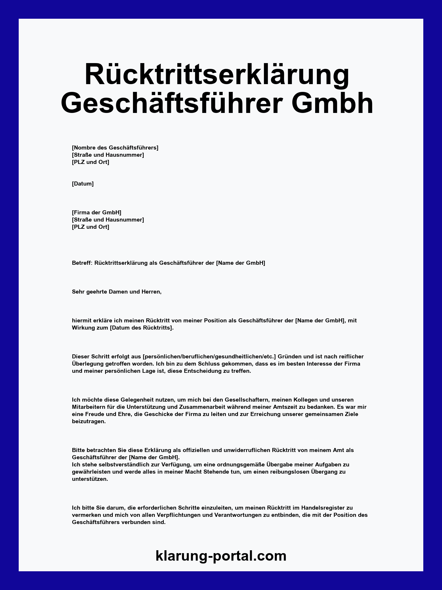 Rücktrittserklärung Geschäftsführer Gmbh Muster