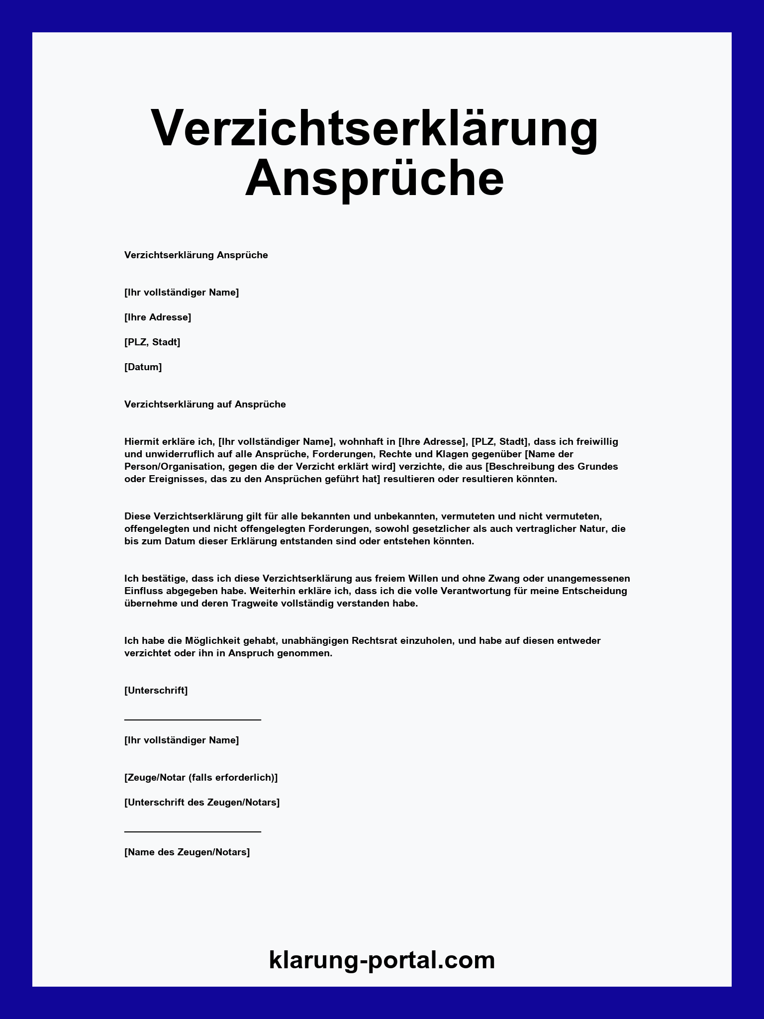 Vorlage Verzichtserklärung Ansprüche