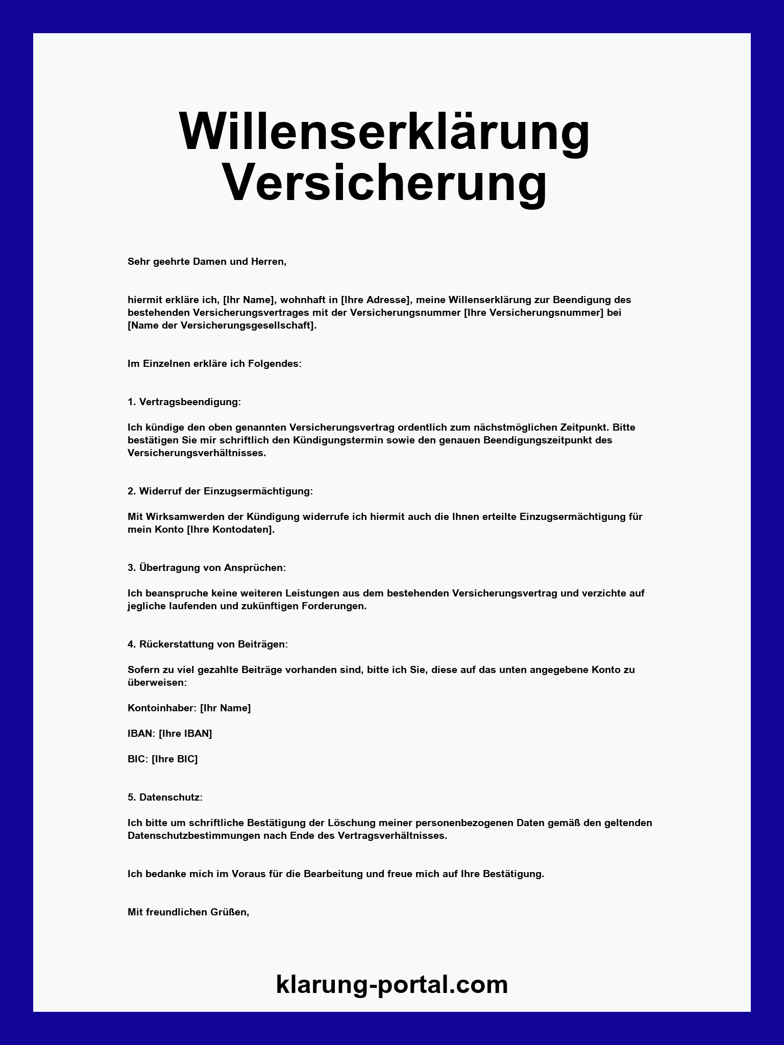 Willenserklärung Vorlage Versicherung